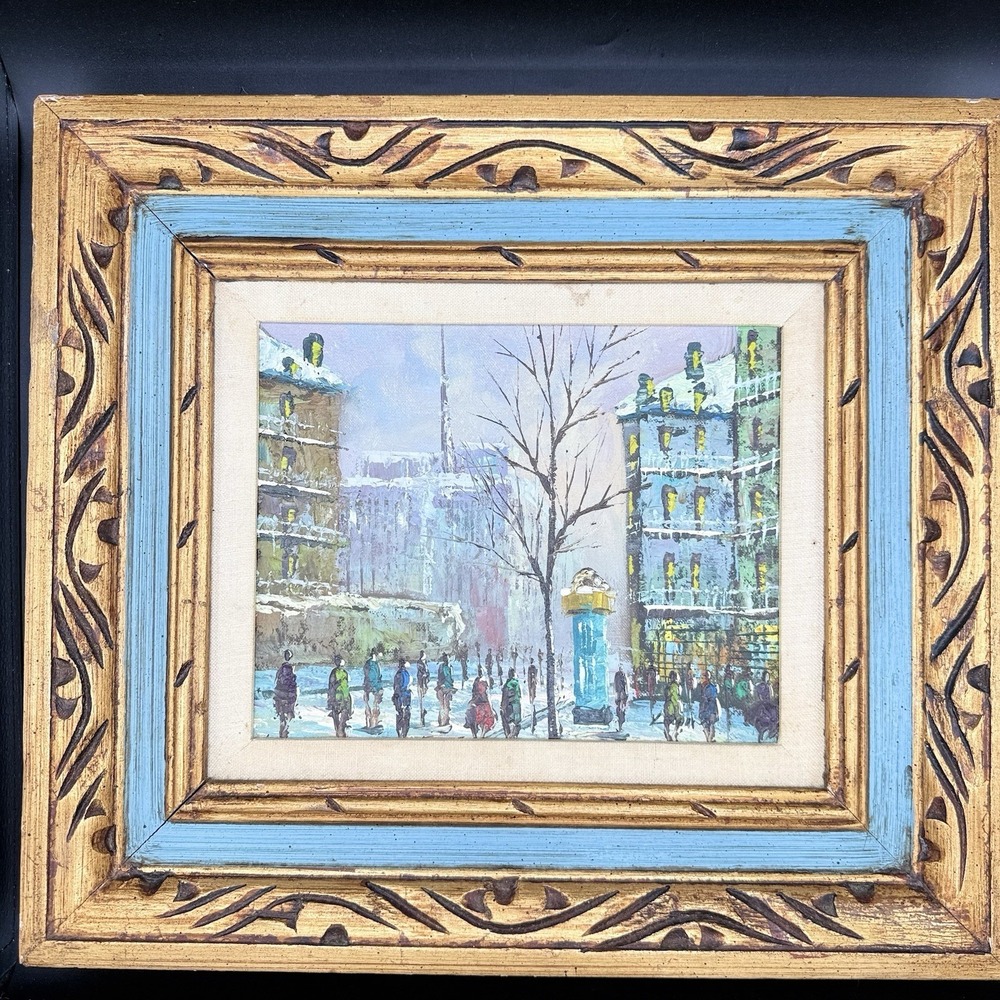 Vtg Mid Century Impressionist Paris Street Scene Oil Painting Frame 15x17 Signed